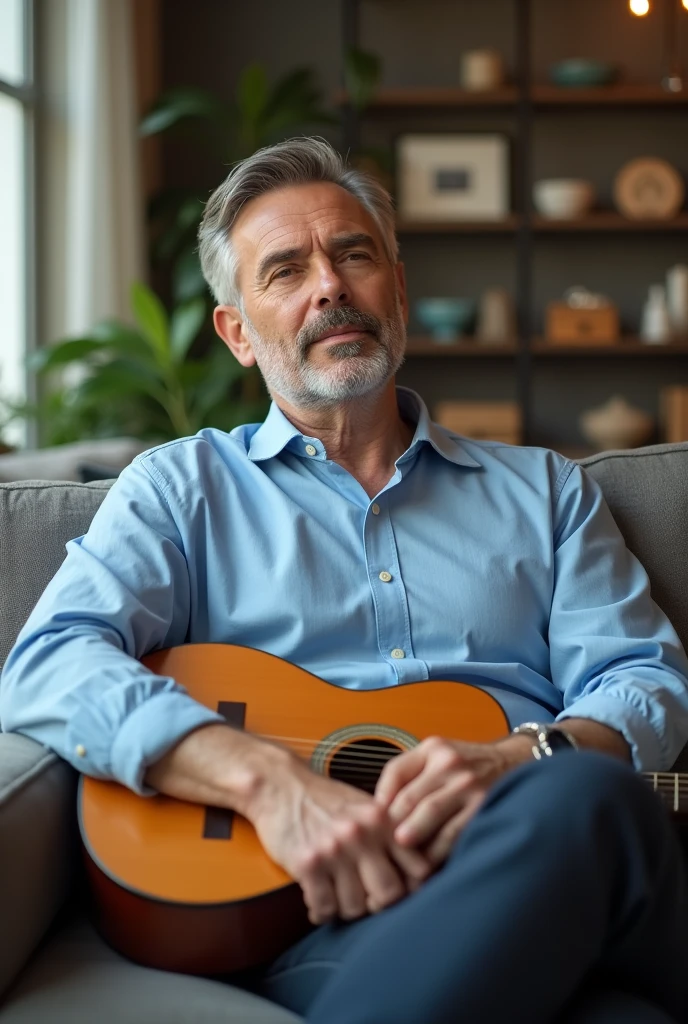 modern man with blue shirt, sitting in the living room with guitar