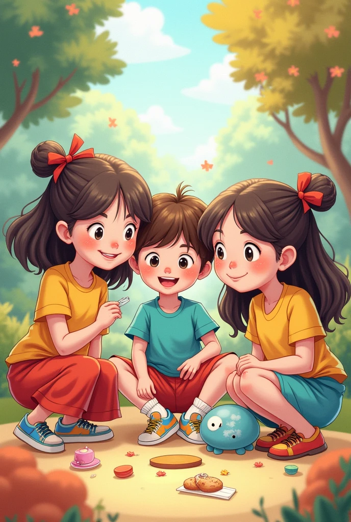A cartron image three girls and a boy enjoying together