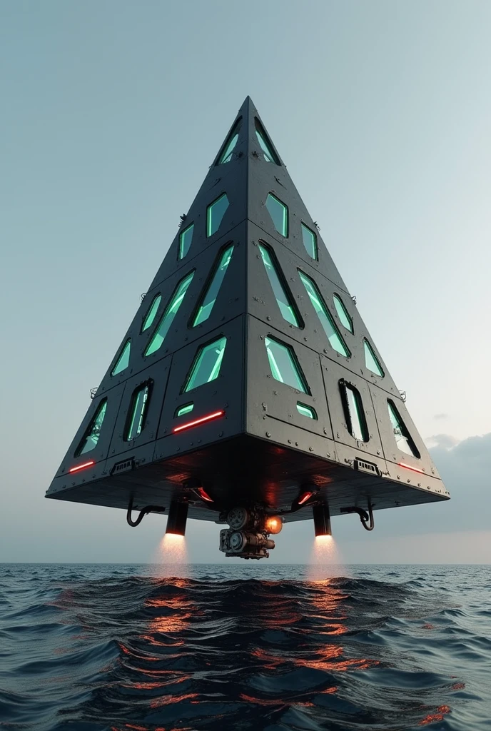 Black inverted triangle made of metallic materials with geometrically distributed panels which have slots from which green and red neon lights emerge, black sheet, Stainless steel, exposed mechanical elements, motor, gear, pipelines, cabling, turbojet thrusters, fire ejectors, levitating over the ocean.