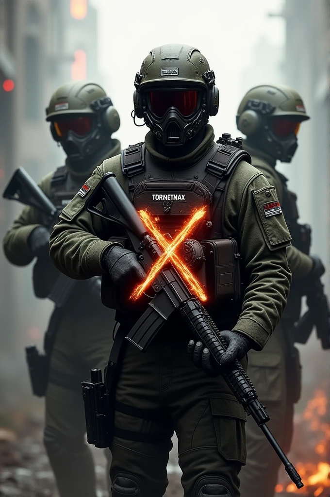 ((best quality)), ((masterpiece)), (detailed),  call of duty soldiers with weapons in hand and the logo written "TORMENTAX" in the middle