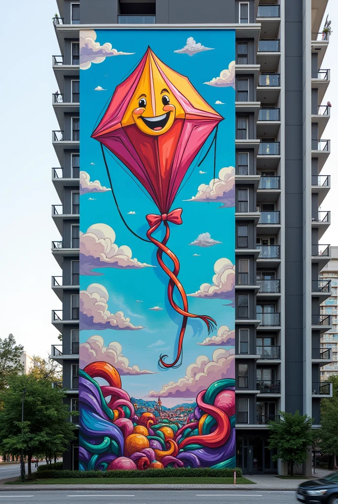 Graffiti Drawing of a happy kite on the wall of the Aquila condominium in Belford Roxo seen from afar