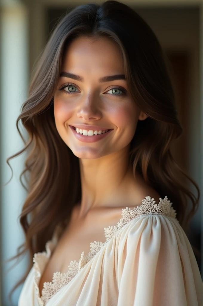 Beautiful brunette, who wears a belle robe (22 ans, visage innocent, naturally wavy hair, blue eye),( avec un selfie du haut du corps souriant , best quality, ultra-detail.