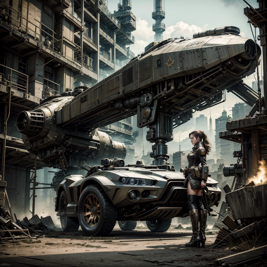 a woman in a steampunk military uniform from the future finds herself in a battlefield in a futuristic dystopian industrial city, next to her is a futuristic military vehicle, hyper-realistic, photorealistic, hyper-detailed, intricate-details, high quality