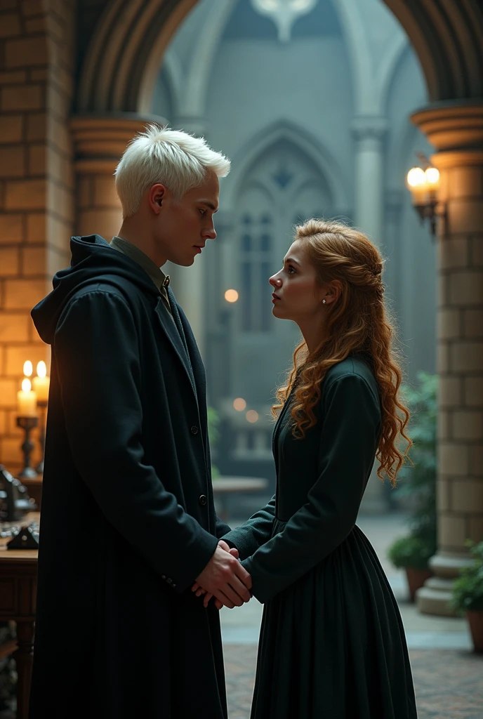 Draco Malfoy has short hair kiss Hermione Granger hand 