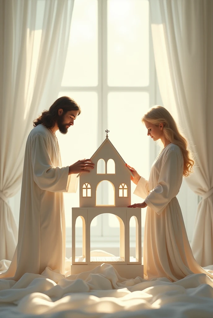 creates the image of a white dollhouse being built with Jesus and an  blonde