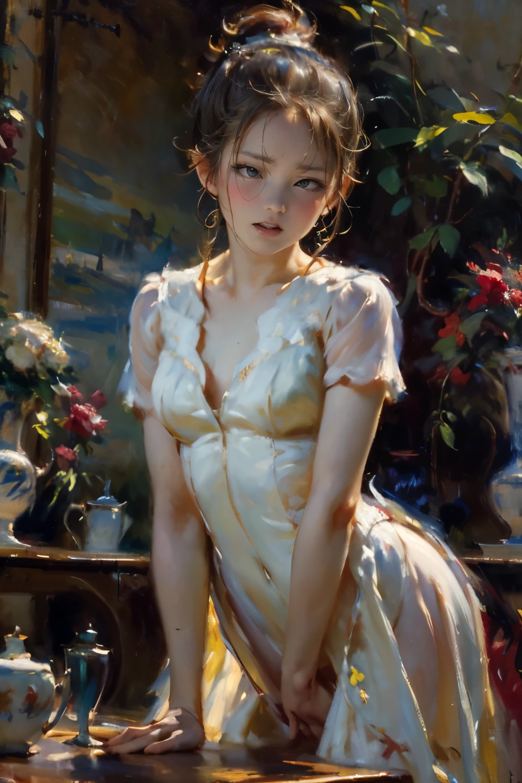 angle from side below, (((round face))), drooping eyes, tiny earrings, ((white wedding dress, white panties, ((standing and straddling to hit her crotch area against a corner of the table for masturbation while hiding her crotch with dress)), open mouth, plants, in the garden in front of a church, hair up, ((old oil painting, impressionism)),