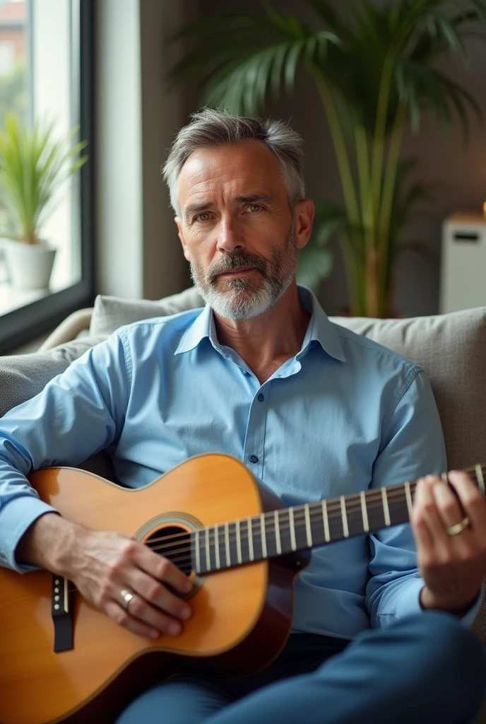 modern man with blue shirt, sitting in the living room with guitar