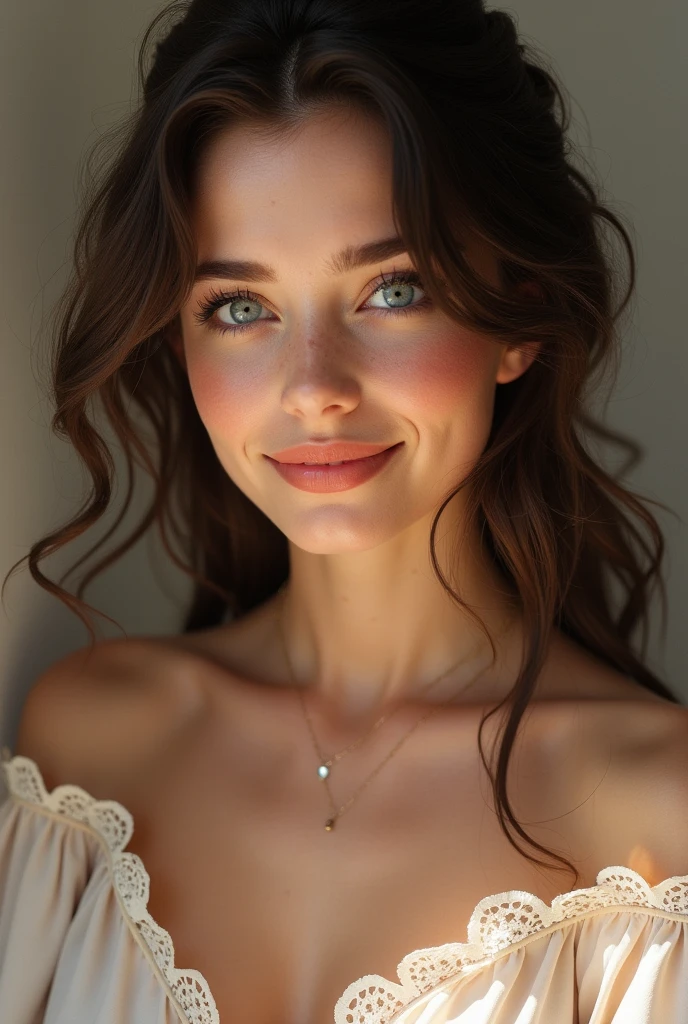 Beautiful brunette, who wears a belle robe (22 ans, visage innocent, naturally wavy hair, blue eye),( avec un selfie du haut du corps souriant , best quality, ultra-detail.