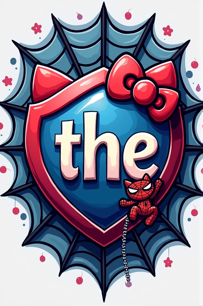 Hello SeaArt! I would like to order a custom design for a t-shirt. In the back, I want the initials "the" designed as a shield, Combining the styles of Spiderman and Hello Kitty. Imagina un escudo con bordes afilados y detalles en rojo y blue, but with softer and rounder touches. I would like the background to have a classic spider web with pink and white details.. It would be great if you could add some Hello Kitty cat ears and a little Spiderman climbing up the shield! The main colors would be red, blue, rosa, black and white. Could you create this design in PNG format with transparent background??