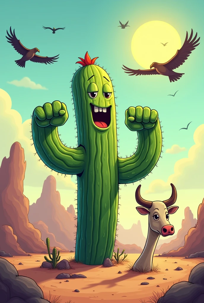 cartoon cactus double biceps cattle head on bone radiant sun with vultures flying in the sky