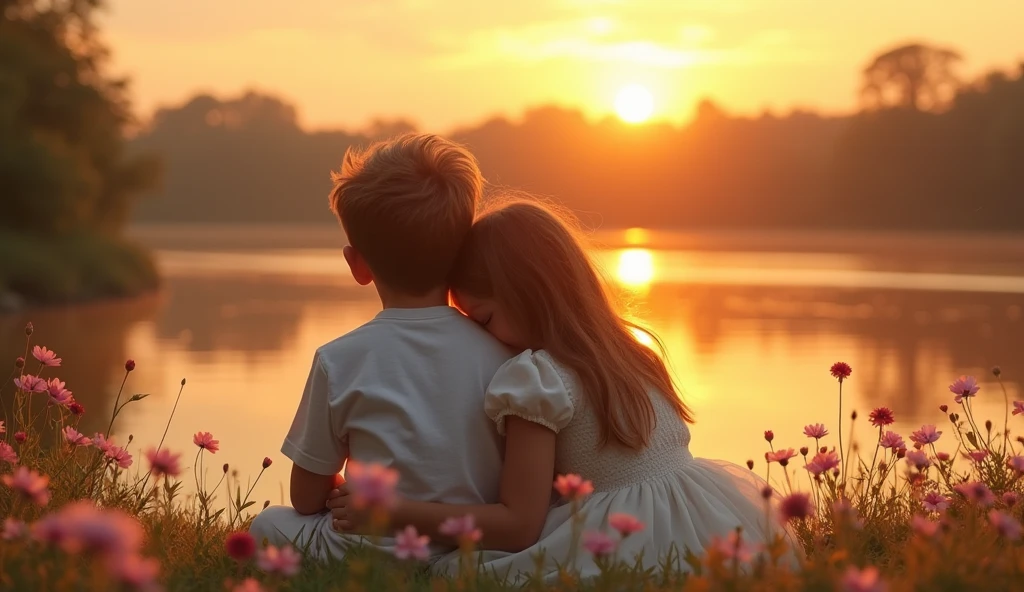 duas children, a boy and a girl traditional romance, surrounded by flowers, friendship, resting his head on the shoulder of , Tenderness, best friends, heartwarming, children, hugs, sitting in front of a lake with the sun rising in the background, hugging, next, Beautiful photo, inspirational, precious moments, couple, hug, romantic couple, touching