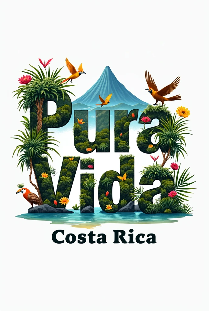 Logo that says PURA VIDA but the background of the letter is landscapes and animals representative of Costa Rica and below in a thinner and smaller letter that says Costa Rica( Landscapes and animals must be within the letters that say pure life, They can't stand out and have to be real)