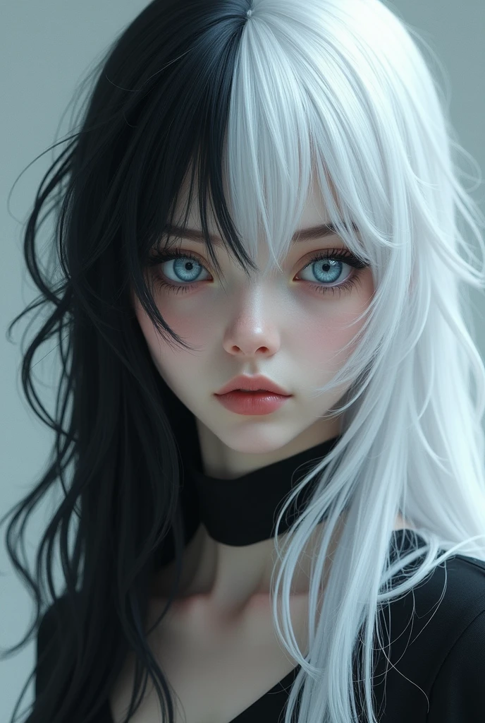 a girl with white hair with black hair on her front left hair,blu eyes and white skin