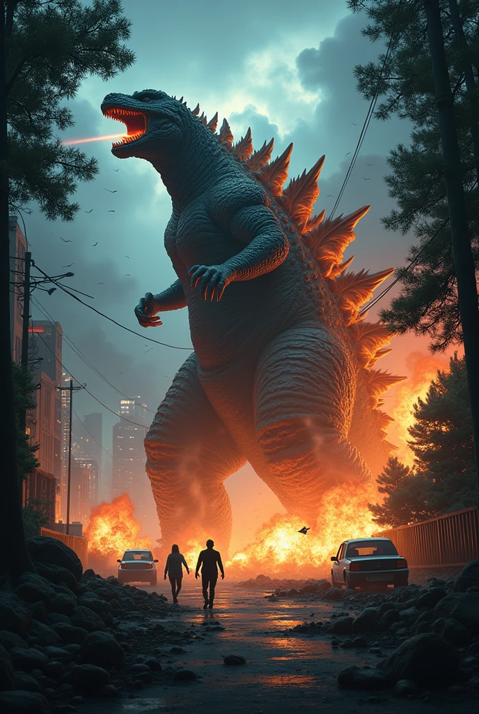 Generate a forest during the night with a city beyond and Godzilla destruyendo una ciudad moderna. tall buildings, people running in panic, smoke and flames. Godzilla of pie, throwing atomic breath, with its tail destroying vehicles. Dark sky due to smoke.