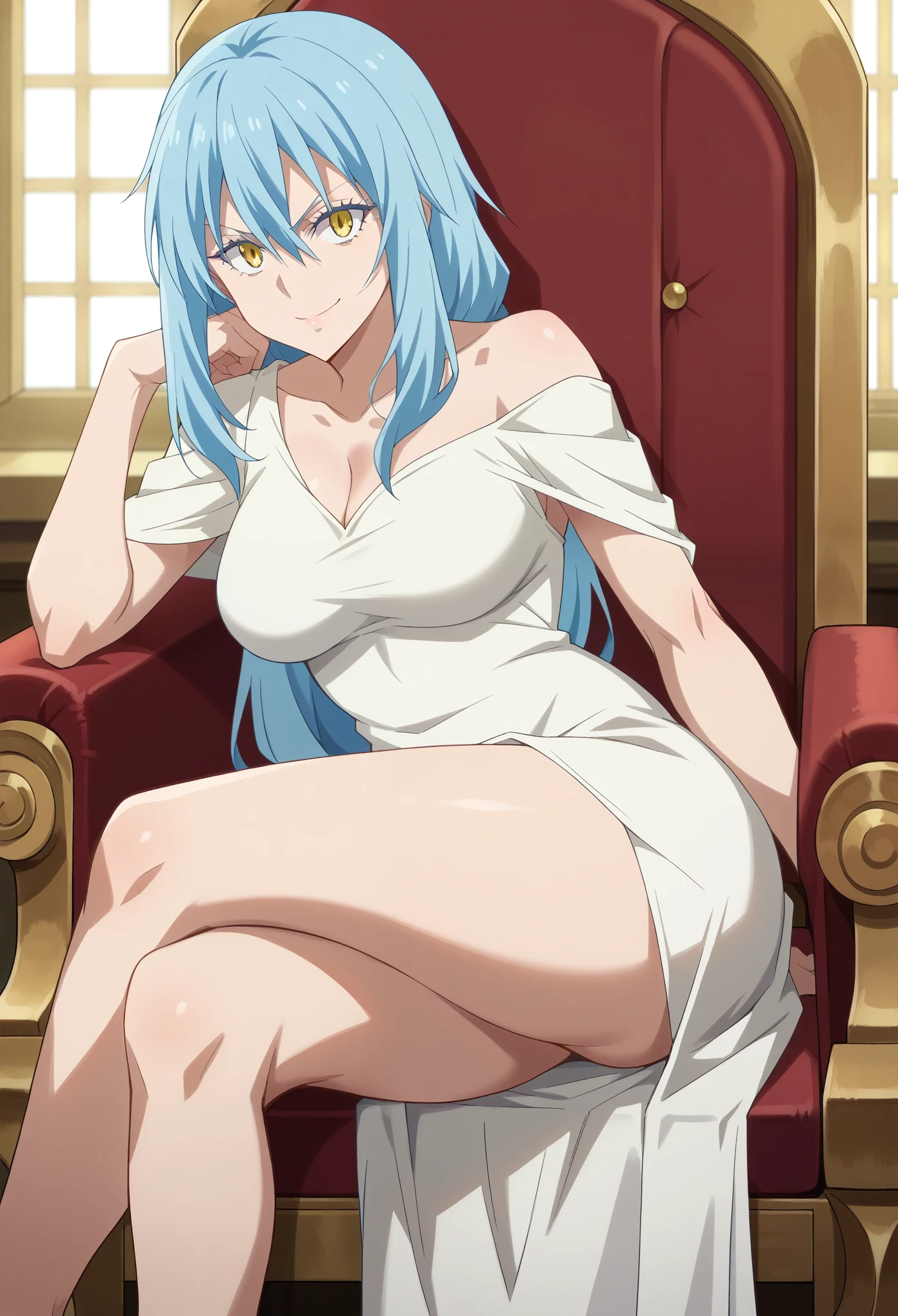 score_9, score_8_up, score_7_up, 1girl, solo, (mature:1.5),female focus, rimuru tempest, long hair, hair between eyes, blue hair, yellow eyes, breasts, sitting on throne, white dress, one shoulder dress, parted dress, bare legs, crossed legs, evil smile, evil eyes, evil glare, looking at you, inside a castle,
