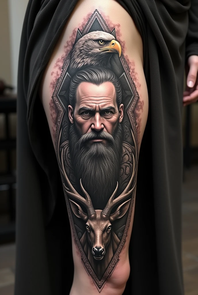 Create a tattoo covering the entire thigh with Odin&#39;s face in the middle in a realistic style in black and gray, with an eagle above Odin&#39;s head and the stag below.