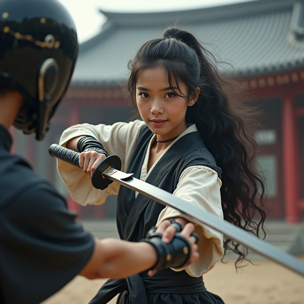 realistic photo of a (pretty girl, 20 years old, brunette, black eyes) fighting with a katana against a ninja robot , (full lips) , ((perfect face)), [[mild smile]], proportionate body,mixed herritage, beautyfull, beautyfull face, tanned skin, two arms, two legs, five fingers by hand, full body, (softly curly black long hair), martial artts female hero fighting against a robot foe, confortable martial artist clothes, futuristic japanese temple vibles at background
