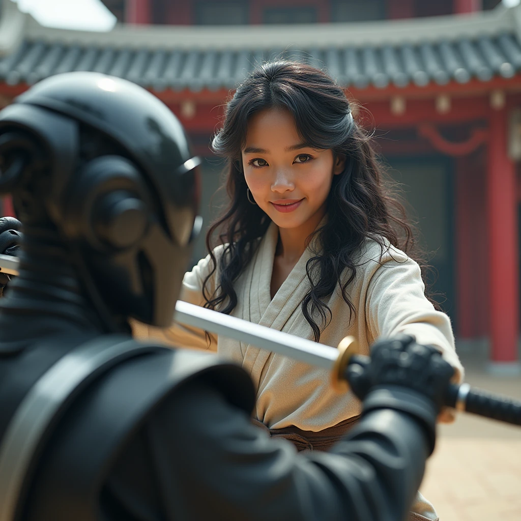 realistic photo of a (pretty girl, 20 years old, brunette, black eyes) fighting with a katana against a ninja robot , (full lips) , ((perfect face)), [[mild smile]], proportionate body,mixed herritage, beautyfull, beautyfull face, tanned skin, two arms, two legs, five fingers by hand, full body, (softly curly black long hair), martial artts female hero fighting against a robot foe, confortable martial artist clothes, futuristic japanese temple vibles at background
