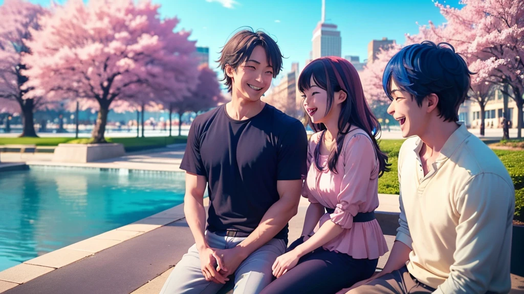 /imagine prompt: Anime man engaged in spirited conversation with diverse friend group, city square fountain, gesticulating, smiling, surrounded by blooming cherry trees and park benches, evoking a cheerful springtime mood, detailed anime style with focus on character interactions, soft afternoon light creating a warm ambiance, pastel colors with pops of vibrant hues, Sony A7SIII for excellent color science, 35mm prime lens for natural perspective, medium shot framing the group's upper bodies, --niji 5 --ar 1:1 --chaos 20 --stylize 350 --weird 200 --quality 1