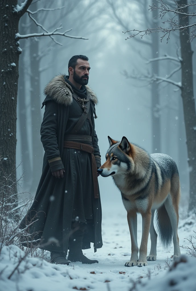A man about 2, tall and of medium build, with his thin face and barely marked features. Next to the man, There is an imposing wolf with its grayish brown fur. background, There is a forest covered in fog in a snowstorm
