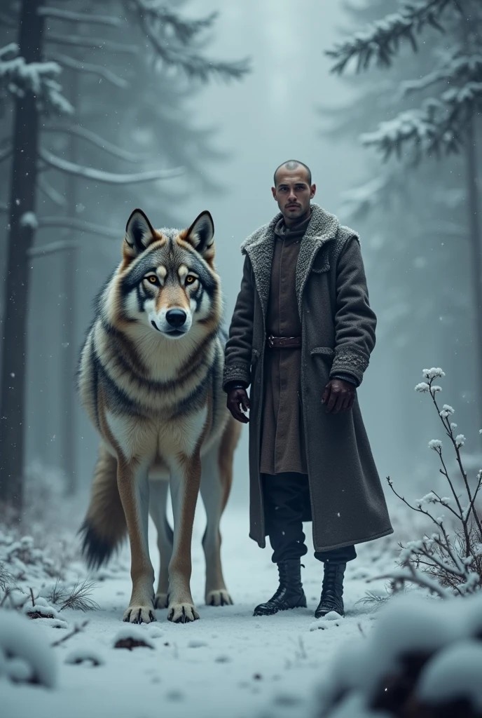 A man about 2, tall and of medium build, with his thin face and barely marked features. Next to the man, There is an imposing wolf with its grayish brown fur. background, There is a forest covered in fog in a snowstorm