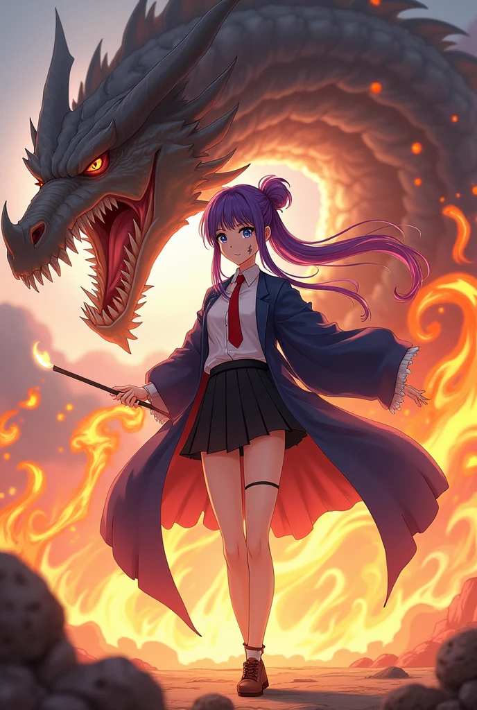 chica del anime magic and muscles, long purple hair,fringe, dark blue eyes, dark blue long robe, red tie, short black skirt, White shirt, hair tied in a ponytail, Controlling fire magic with a magic wand, with a dragon behind, with a mark from the left eye to the jaw