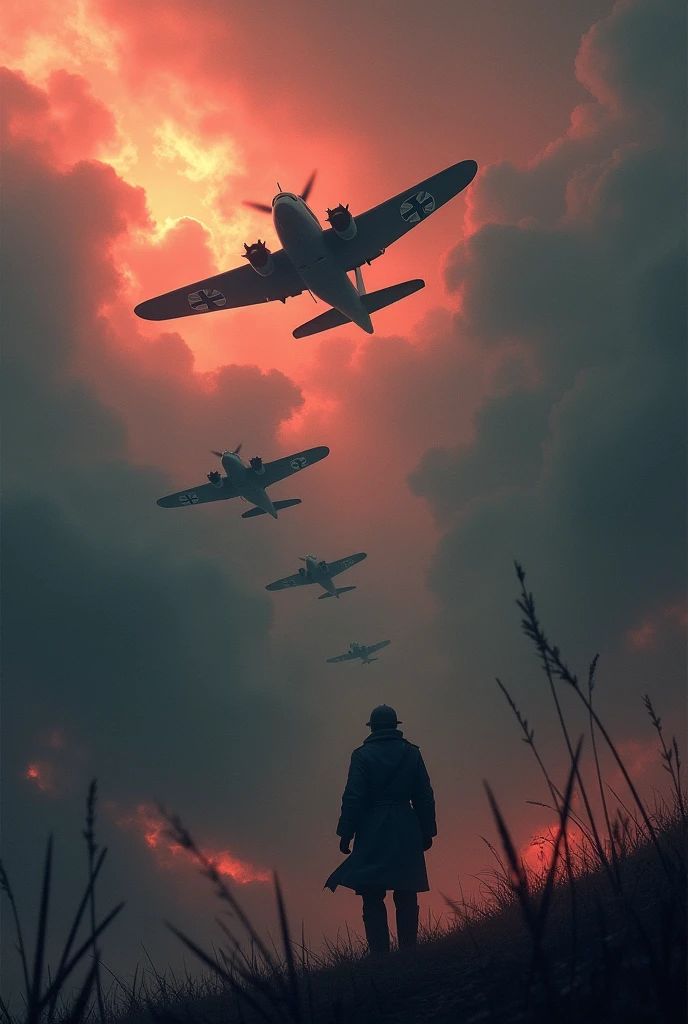 Create an image of Nazi planes, I mean from a view from below from the ground, from the ground as if they were looking up at them
