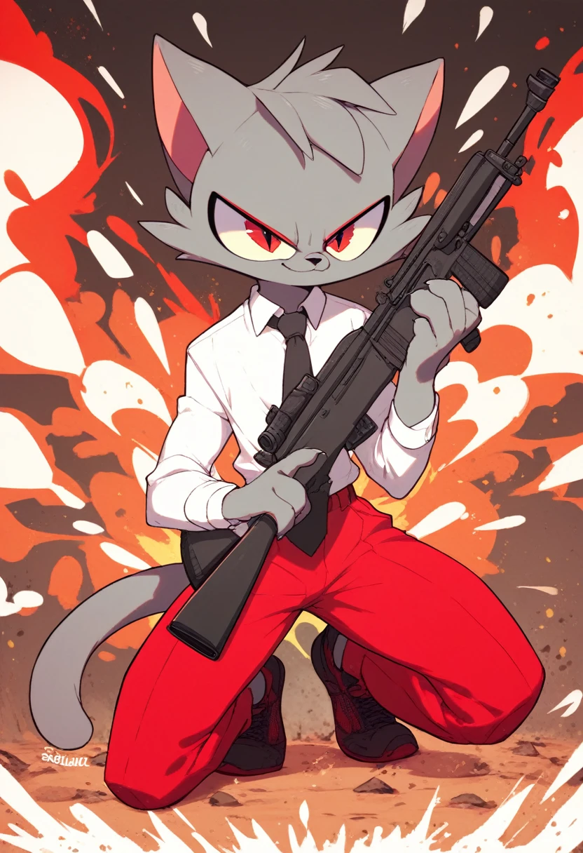 score_9, score_8_up, 1character, cat, gray fur, wearing a red suit, white shirt, black tie, red pants, half-open eyes, smirk, holding a rifle, in front of a explosion, full body, alone