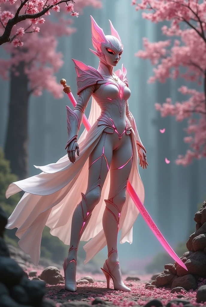 Sakurianas Warrior with the Sakura SwordThe tall, elegant warrior from the Sakurianas species is a vision of grace and power. She wears a unique armor made from a material that appears as delicate as Sakura petals but is 100 times stronger than diamond. The armor has a shimmering pink and white color scheme, resembling the natural hues of cherry blossoms. Intricate patterns of blooming Sakura flowers adorn the chest plate and shoulder guards, giving the armor an organic and fluid appearance. Her helmet, with a visor shaped like overlapping petals, completes the look, fitting perfectly to her form. Glowing pink veins of energy run through the armor, reflecting the regenerative and powerful nature of the wearer.In the warrior's hand is the Sakura Sword. This sword features a long, slightly curved blade forged from a pink metallic material that softly glows with a delicate aura. The blade is engraved with subtle designs of Sakura branches, which shimmer in shades of pink and gold as light hits it. The hilt is wrapped in pearl-white leather, adorned with rose gold accents, and at the base of the hilt, a small Sakura flower carved from rose quartz adds a final touch of elegance. The minimalist guard of the sword, decorated with small pink crystals, echoes the delicate branches of a cherry blossom tree.