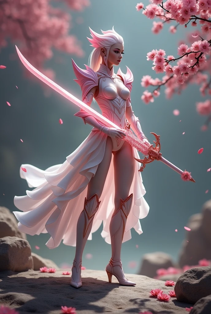 Sakurianas Warrior with the Sakura SwordThe tall, elegant warrior from the Sakurianas species is a vision of grace and power. She wears a unique armor made from a material that appears as delicate as Sakura petals but is 100 times stronger than diamond. The armor has a shimmering pink and white color scheme, resembling the natural hues of cherry blossoms. Intricate patterns of blooming Sakura flowers adorn the chest plate and shoulder guards, giving the armor an organic and fluid appearance. Her helmet, with a visor shaped like overlapping petals, completes the look, fitting perfectly to her form. Glowing pink veins of energy run through the armor, reflecting the regenerative and powerful nature of the wearer.In the warrior's hand is the Sakura Sword. This sword features a long, slightly curved blade forged from a pink metallic material that softly glows with a delicate aura. The blade is engraved with subtle designs of Sakura branches, which shimmer in shades of pink and gold as light hits it. The hilt is wrapped in pearl-white leather, adorned with rose gold accents, and at the base of the hilt, a small Sakura flower carved from rose quartz adds a final touch of elegance. The minimalist guard of the sword, decorated with small pink crystals, echoes the delicate branches of a cherry blossom tree.