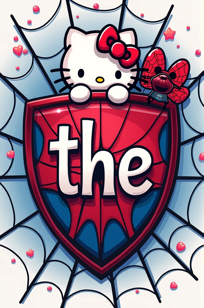 Hello SeaArt! I would like to order a custom design for a t-shirt. In the back, I want the initials "the" designed as a shield, Combining the styles of Spiderman and Hello Kitty. Imagina un escudo con bordes afilados y detalles en rojo y blue, but with softer and rounder touches. I would like the background to have a classic spider web with pink and white details.. It would be great if you could add some Hello Kitty cat ears and a little Spiderman climbing up the shield! The main colors would be red, blue, rosa, black and white. Could you create this design in PNG format with transparent background??