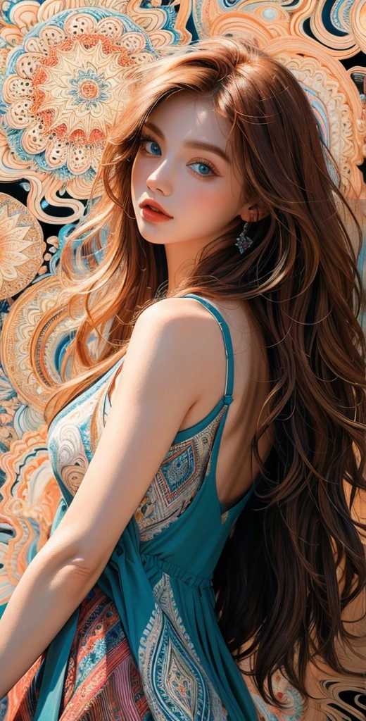 ((masterpiece:1.2, best quality)), ultra detailed, Ultra-precise depiction, Ultra-detailed depiction, (zentangle:1.2), (dynamic pose), (abstract background:1.5), wavy long hair, red hair, Blue eyes, 1girl, colorful, portrait, (from above:1.2)
