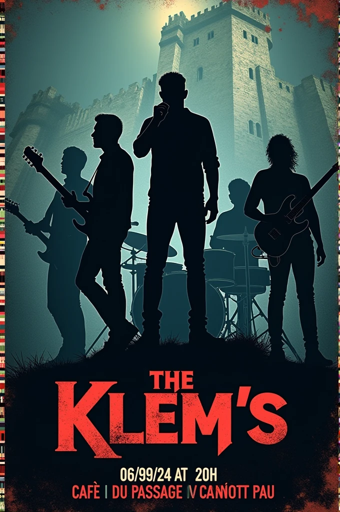 Créer une affiche moderne pour un concert ombre d’un chanteur, un drummer, un bassiste, deux guitaristes. dans un style rock réaliste château Henri 4. pour le band « The Klem’s ». Date le 06/09/24 à 20h au café du passage Carnot à Pau.