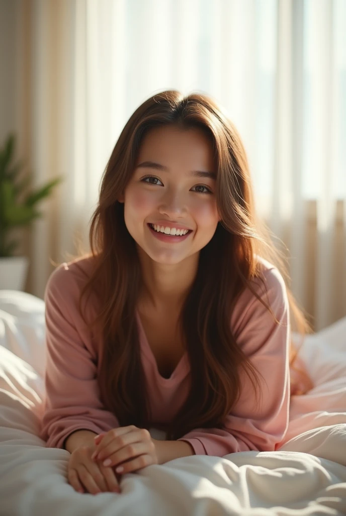 young woman lying on a bed, looking directly at the viewer with a warm and friendly smile. She has long, straight brown hair and is wearing a pink top. The background features a window with white curtains, allowing soft natural light to illuminate the room, creating a relaxed and cozy atmosphere