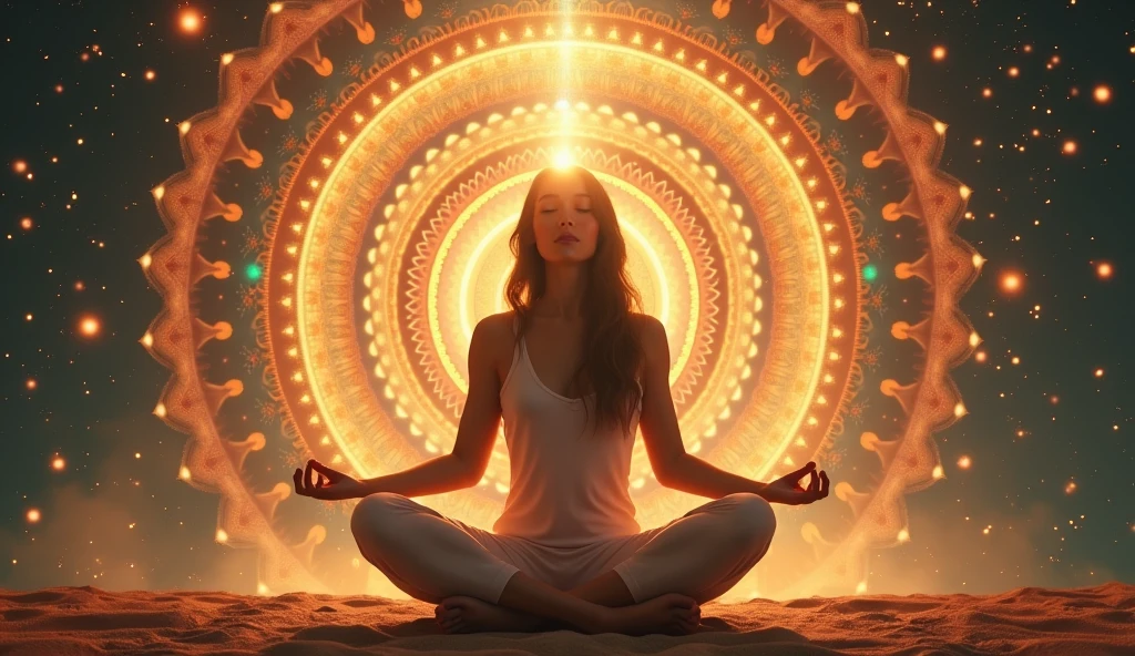 woman meditating being enlightened by the divine spirit, hands full of light, hands illuminating the environment, hands blessing the environment, in the background a colorful mandala, golden background, magical environment full of glitter