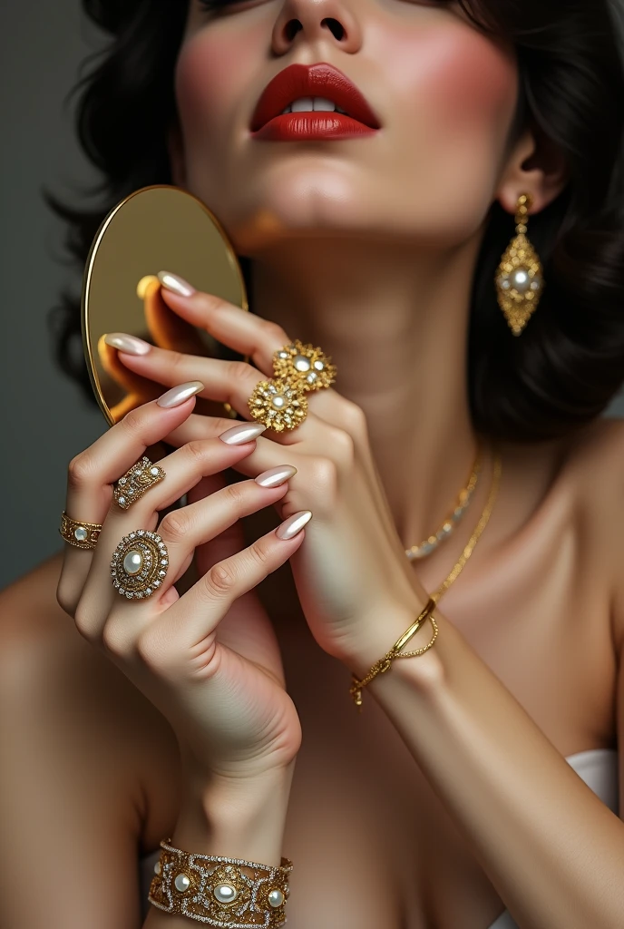 Woman holding a mirror with pearls and a ring, photo of a hand jewelry model, Wearing elegant jewelry, Gold and pearls, exquisite fine details, gold jewelry, gold-plated jewelry, gold jewelry, exquisite details, detailed jewelry, gold jewelry, jewelry beads, elegant and ornate, ornate and elegant, detailed jewelry, gold jewelry, Very detailed and beautiful nails , Elegant and eye-catching nails