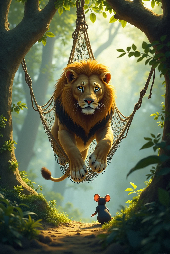 Lion trapped inside a net hanging from a tree and a mouse watching by the side


