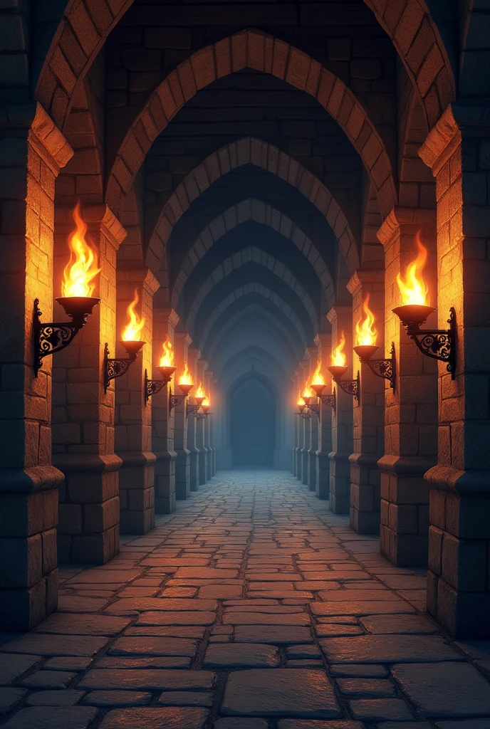 Create a Medieval Castle Corridor with Burning Lanterns Torches 2d Seamless Vector Background