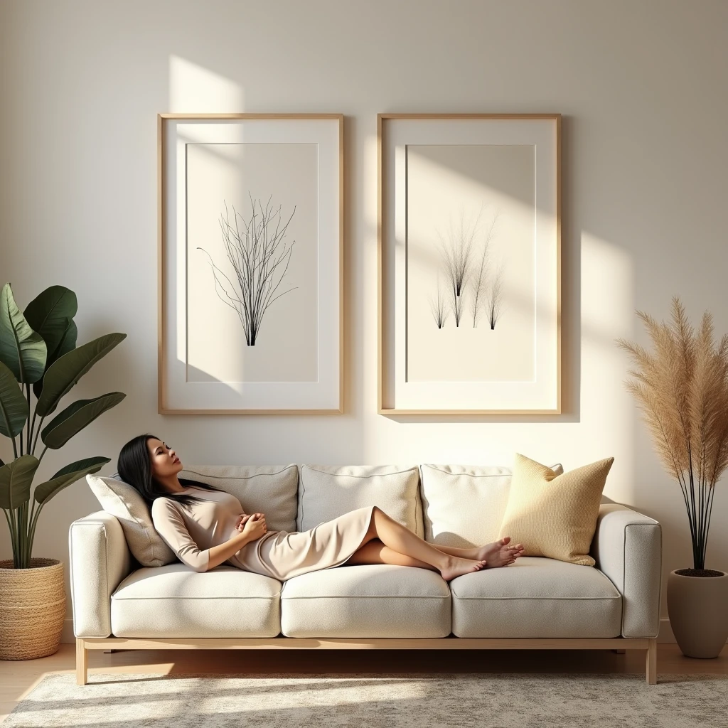 A realistic interior scene featuring a cozy living room with warm, natural lighting. The focus is on two vertical DIN A frames with sleek white borders hanging on a wall above a modern, stylish sofa. One frame displays minimalistic black line art, while the other features an abstract brushstroke design. A relaxed woman dressed in neutral tones is lounging on the sofa, adding an elegant and sophisticated touch to the scene. The overall atmosphere is serene and inviting, highlighting the beauty of the artwork in a home decor setting