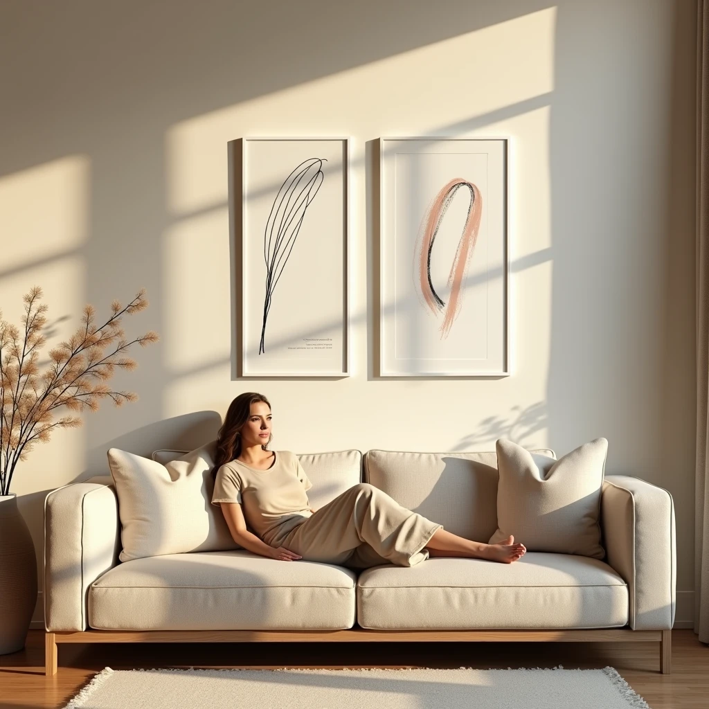A realistic interior scene featuring a cozy living room with warm, natural lighting. The focus is on two vertical DIN A frames with sleek white borders hanging on a wall above a modern, stylish sofa. One frame displays minimalistic black line art, while the other features an abstract brushstroke design. A relaxed woman dressed in neutral tones is lounging on the sofa, adding an elegant and sophisticated touch to the scene. The overall atmosphere is serene and inviting, highlighting the beauty of the artwork in a home decor setting