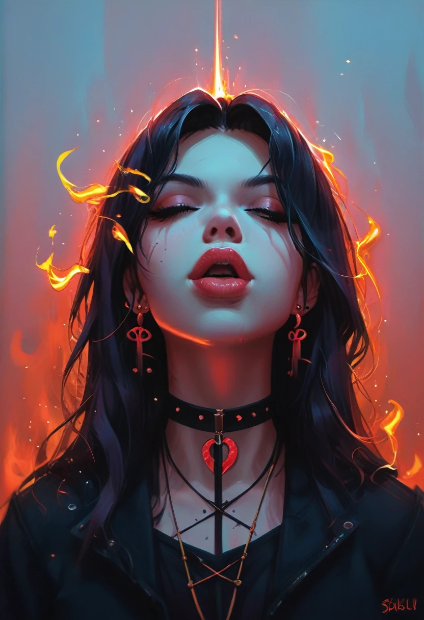 A character with an imposing and energetic appearance, wrapped in intense flames of vibrant colors ranging from orange to purple, creating a feeling of overwhelming power. His hair is white and messy, contrasting with a black mask covering his eyes, giving it an enigmatic and dangerous air. The character wears a dark tunic tied with a ribbon., while his body seems to emanate a fiery energy that distorts into chaotic patterns around him. The lines of fire and energy blend with your figure, highlighting his control over immense forces. The art style is colorful and dynamic, with thick strokes and fluid movements that convey a sense of action and supernatural power