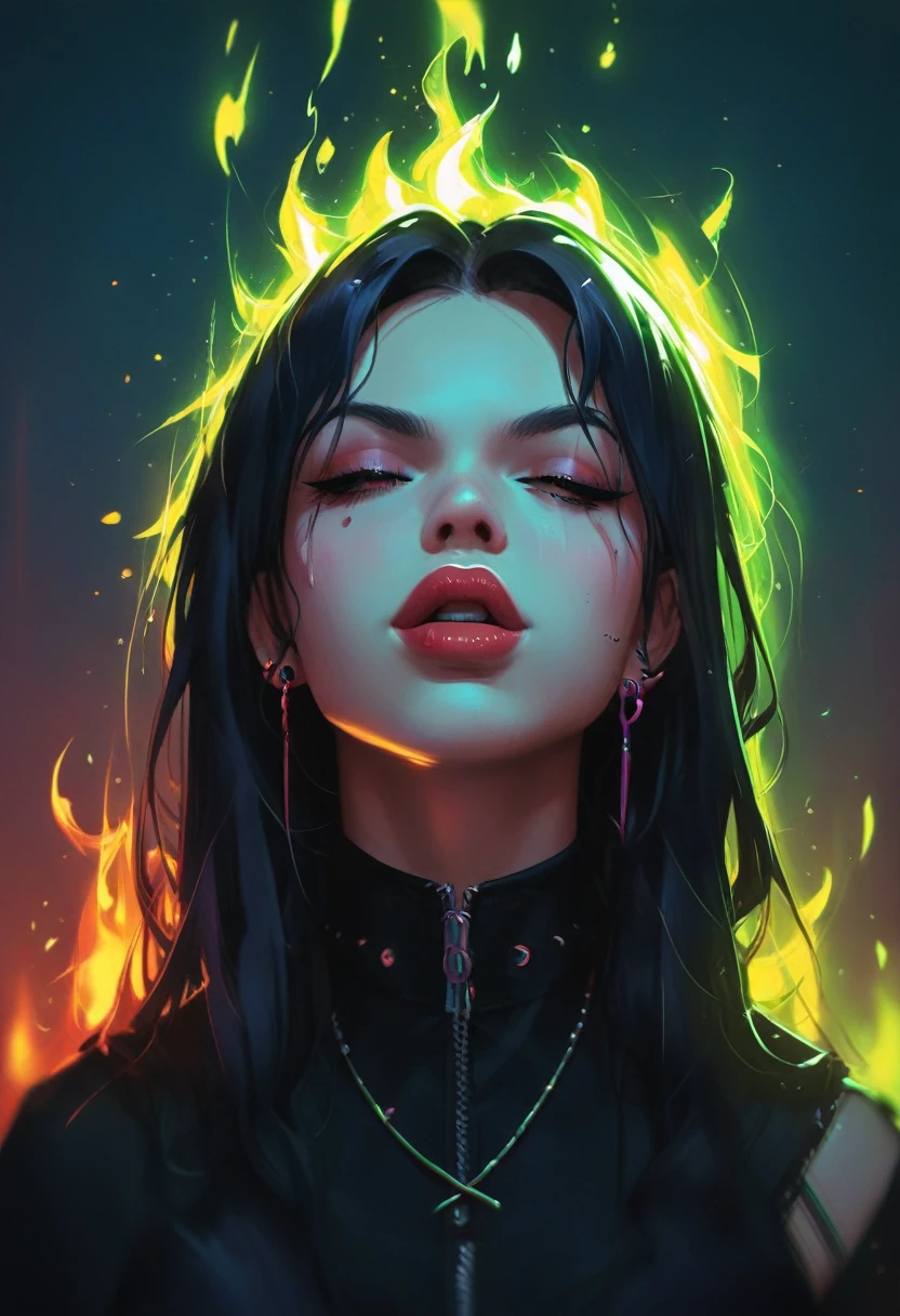 A character with an imposing and energetic appearance, wrapped in intense flames of vibrant colors ranging from orange to purple, creating a feeling of overwhelming power. His hair is white and messy, contrasting with a black mask covering his eyes, giving it an enigmatic and dangerous air. The character wears a dark tunic tied with a ribbon., while his body seems to emanate a fiery energy that distorts into chaotic patterns around him. The lines of fire and energy blend with your figure, highlighting his control over immense forces. The art style is colorful and dynamic, with thick strokes and fluid movements that convey a sense of action and supernatural power