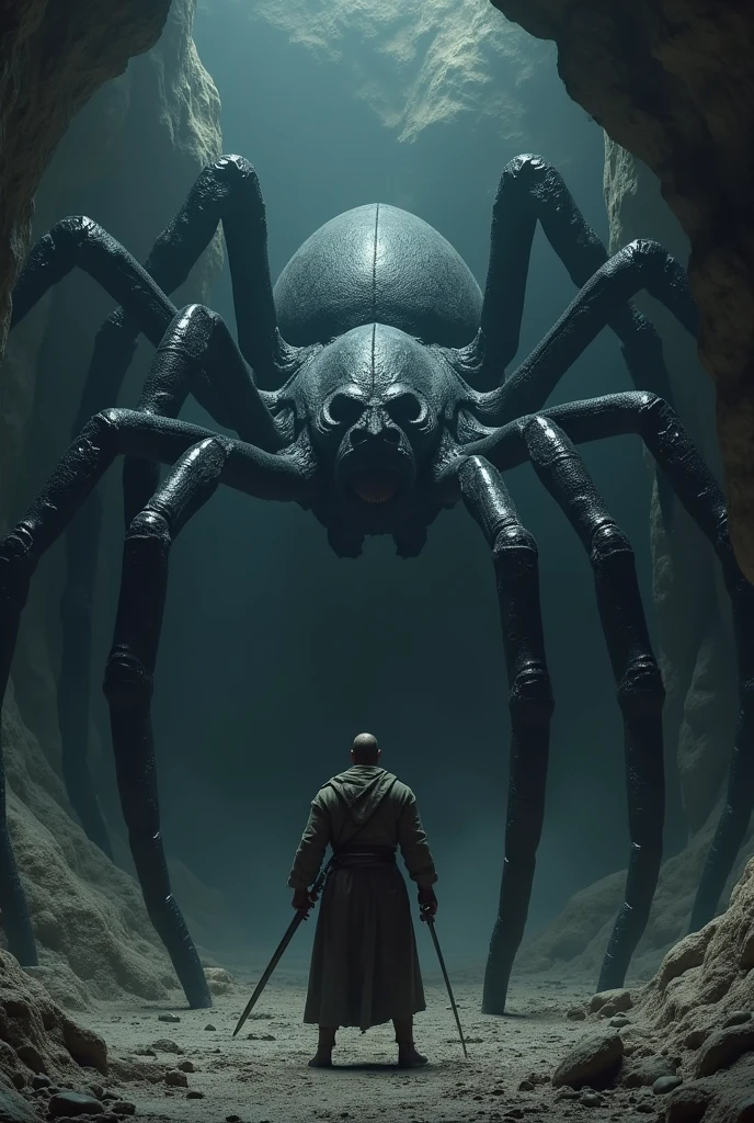 the setting is a cave. My character is one of and he lives in the middle ages, He dresses in simple clothes. He is wielding a sword and is in an attacking stance.. In front of you is a huge black spider