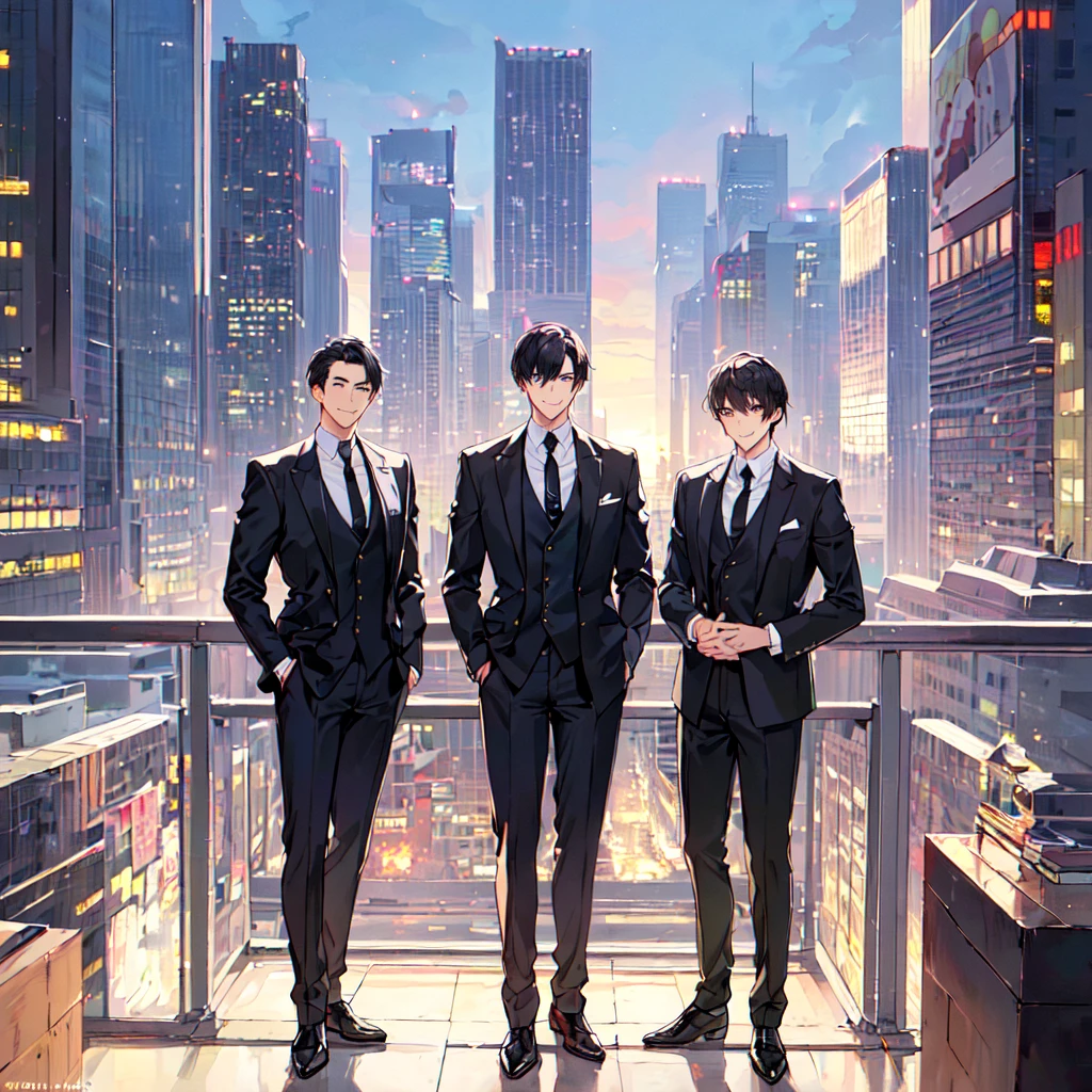 masterpiece,best quality,high quality,(2 men austere handsome two adults age 30 years old:1.5), purple eyes, cool with suspended eyes, V-shaped eyebrows, body strong and fearless 8.5 head tall, height 185cm, (well-groomed black short hair:1.4), (bangs parted into 7 thirds) 1.4), slender nose, facial muscles, throat, (black suit black tie black pants:1.3), (standing:1.3), (stylish pose), (cool smile:1.3), (background skyscraper roof:1.3) , (morning san:1.3) , (upper body:1.3)