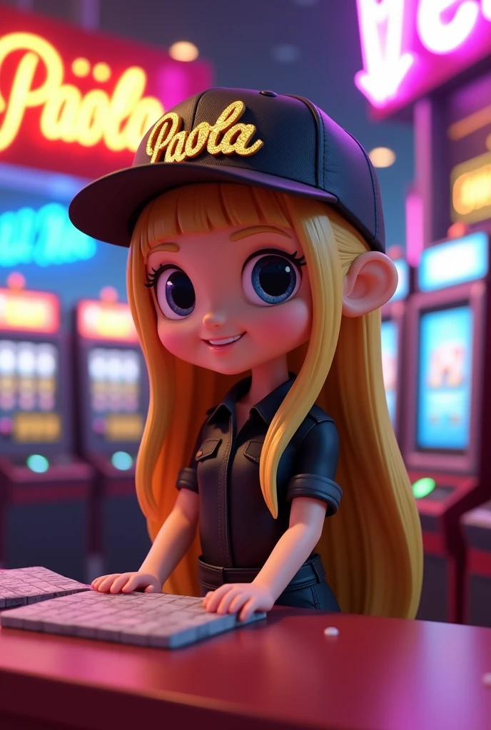 Chibi style 3D rendering of a cashier named Paola with long straight blonde hair. She is wearing a black cap with the metallic gold text "Paola". Paola is sitting next to a logo with the text "Diseños ". The background is a modern casino setting with neon lights and slot machines. The overall image is a mix of photography and digital art.