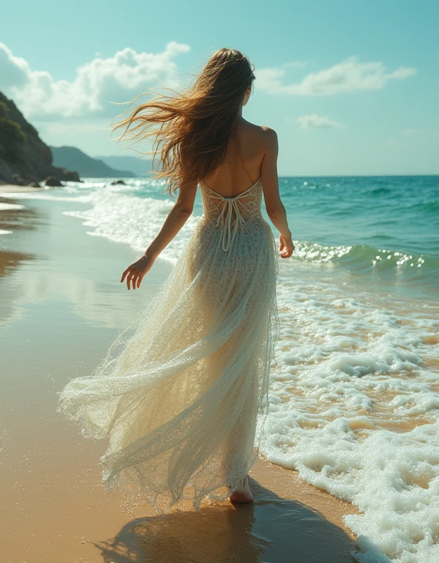 a beautiful woman with long hair blowing in the wind walks along the beach in a dress made of water spreading towards the sea