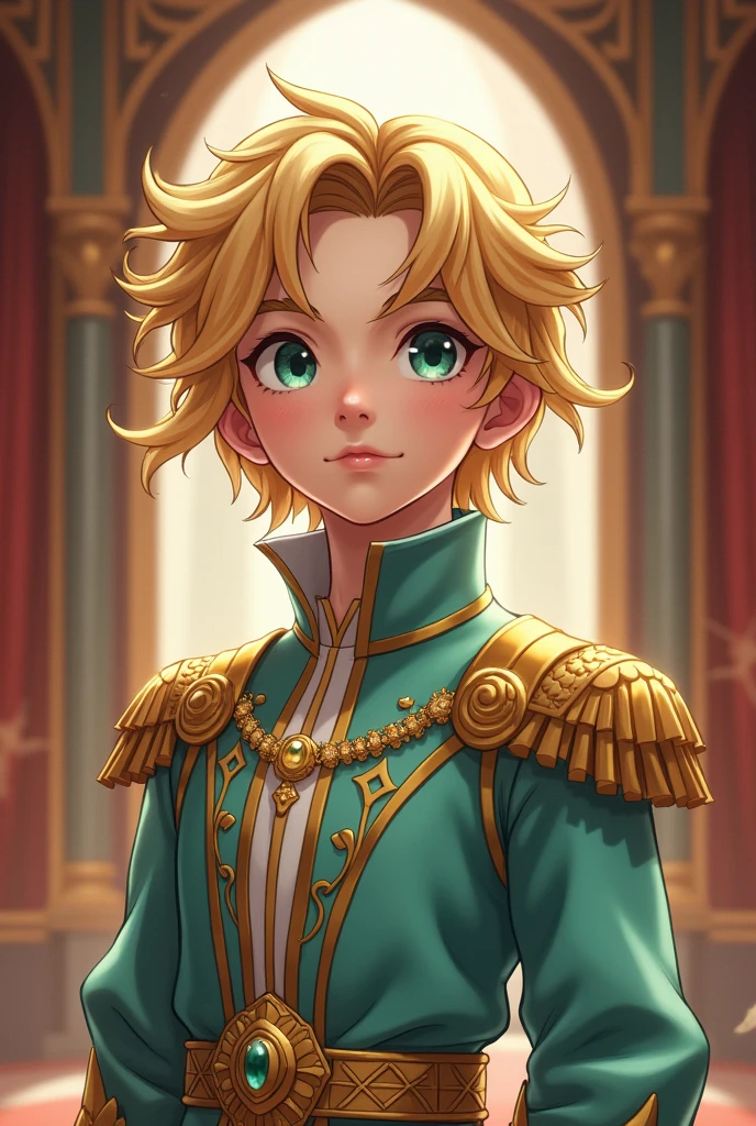 Young prince (2), heir, blond hair, blue eyes, innocent, mint and golden royal apparel, more like anime style