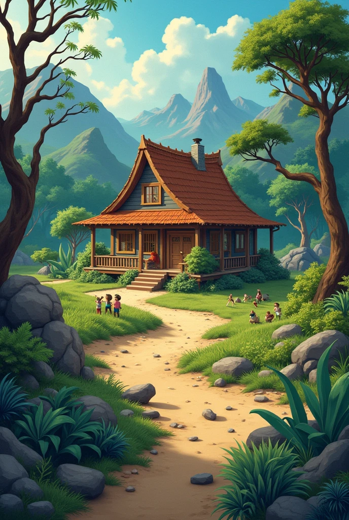 Generate an image of a board game based on desert biomes, tundra, savannah and rainforest, where in the center of the board there is a house that is the final objective.