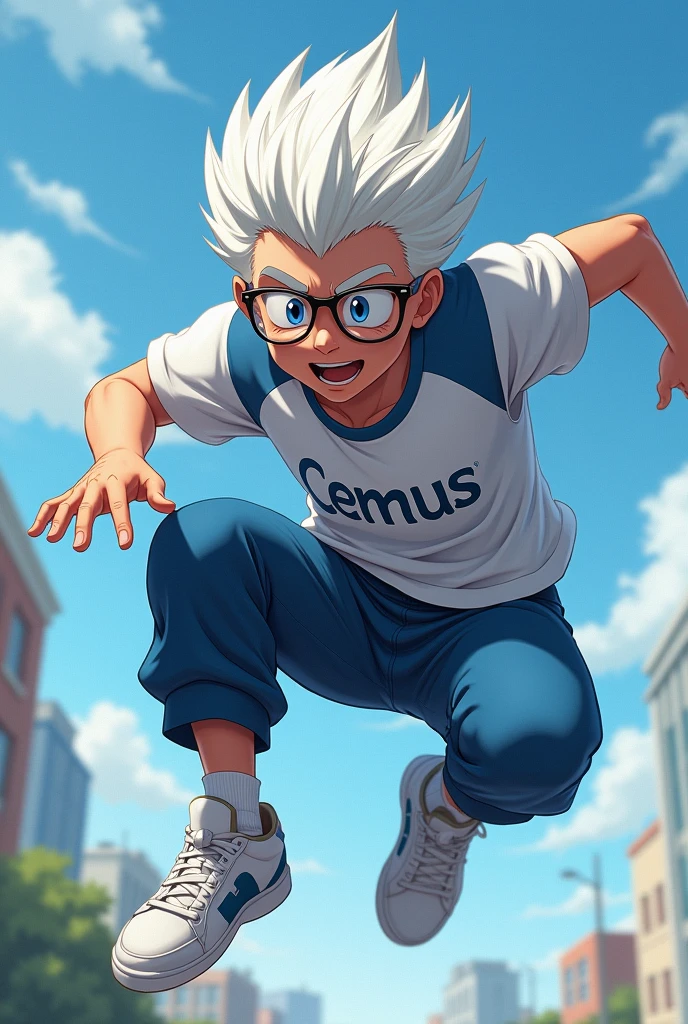 A  who wears glasses is white and has spiky hair but not too much and very straight, with white and blue shirt with Cemus written on it/salto sp com o símbolo de salto o mais realisitic possível mais realisitic, mais realisitic, mais realisitic, mil vezes mais realisitic, like real life, e o cabelo menos arrepiado cabelo preto e mais realisitic, realisitic,realisitic, realisitic menos idade e com cinco cabeças e três mil braços destruído o mundo 