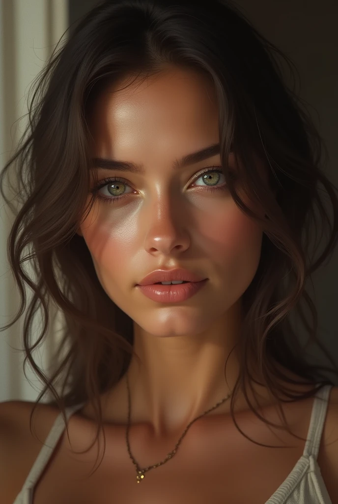  "Illustrates a woman with light eyes smiling and showing confidence, in a sensual atmosphere. The image must convey sensuality and attraction. " Let the image be super realistic 
